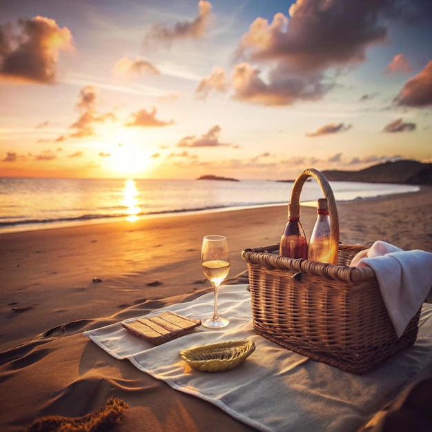 Photo a picnic table with a basket and bottle of wine on it