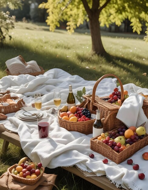 Photo a picnic table with a basket of fruit and a bottle of wine