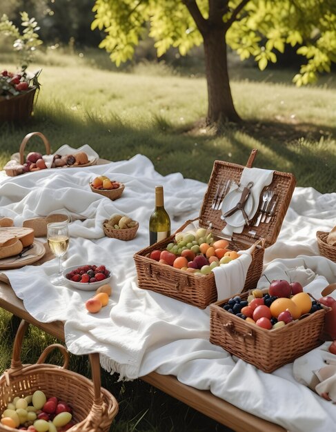 Photo a picnic table with a basket of fruit and a bottle of wine