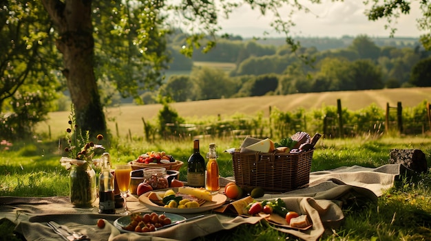 A picnic table with a basket of fruit and a bottle of wine