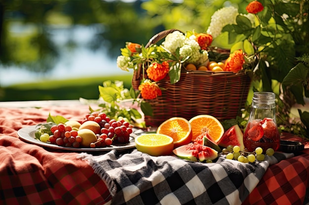 a picnic table with a basket of fruit and flowers A picnic table adorned with a selection of fresh fruit and colorful flowers