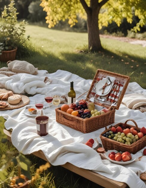 Photo a picnic table with a basket of fruit and wine