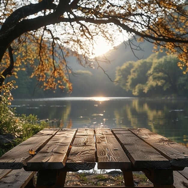 Photo a picnic table with a lake in the background and a sun setting behind it