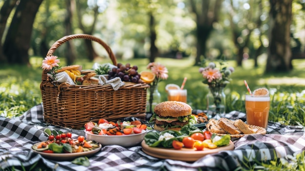 Picnic Table With Plates of Food and Drinks