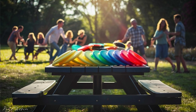 a picnic table with a rainbow colored paddle on it