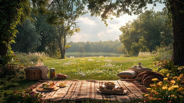 picnic under a tree with a view of a lake