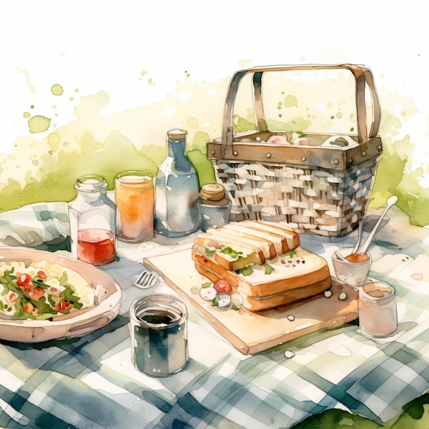 Picnic Watercolor hand drawn illustration Picnic food and drinks