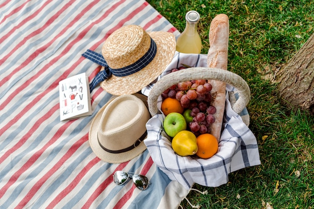 Picnic with fruit basket and lemonade in the park