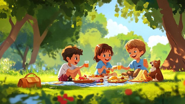 Photo picnicking activity in summer a detailed image of children playing near a picnic area with