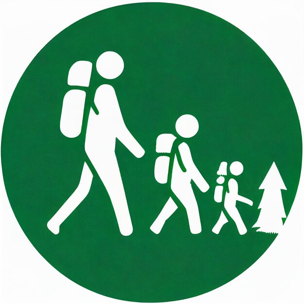 Photo pictogram of three hikers with a large backpack and hiking poles climbing a mountain