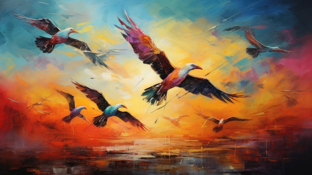 A picture abstract and expressive representation of a flock of birds flying in a colorful sky