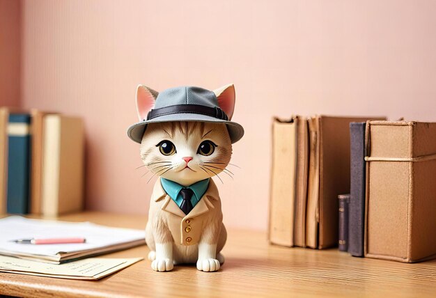 Picture Adorable chibi detective cat in minimalist style detective office background