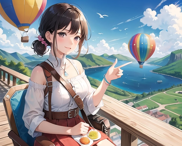 a picture of an adventurous girl in a hot air balloon Ai generated