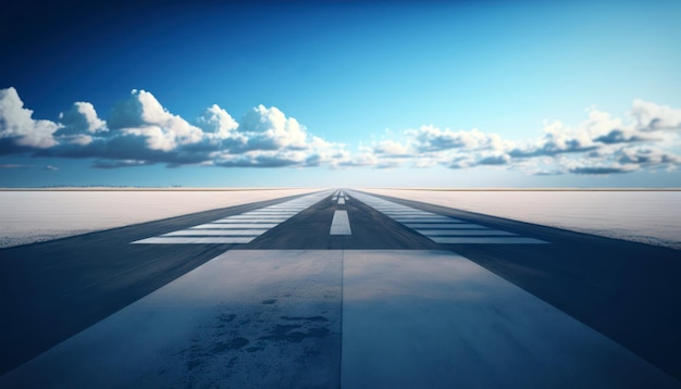 A picture of an airport runway with a blue sky and clouds in the background.