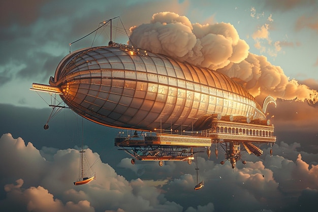 Photo a picture of a airship with a boat in the sky and clouds in the background