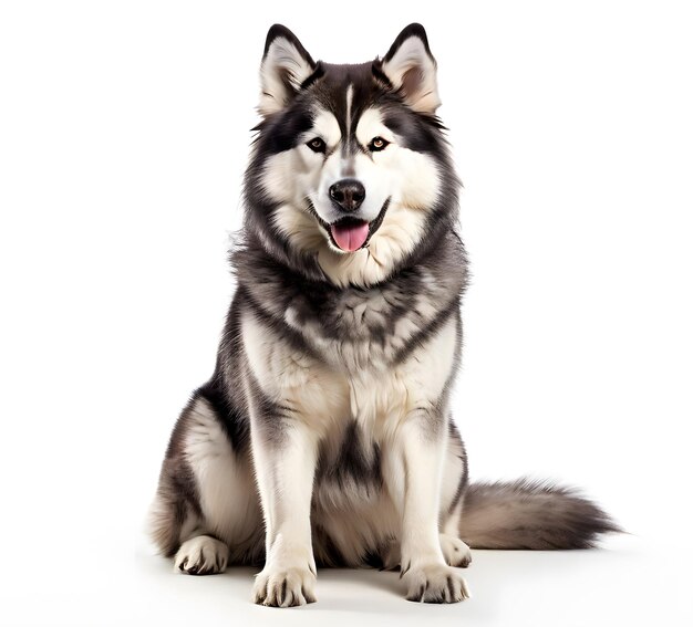 Picture of an Alaskan dog that is sitting on a white background