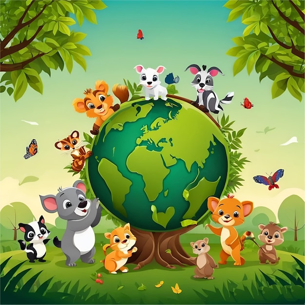 a picture of animals and a world with a tree in the background