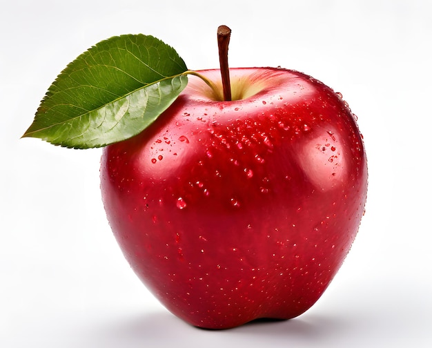 Picture of an apple with leaf on white background