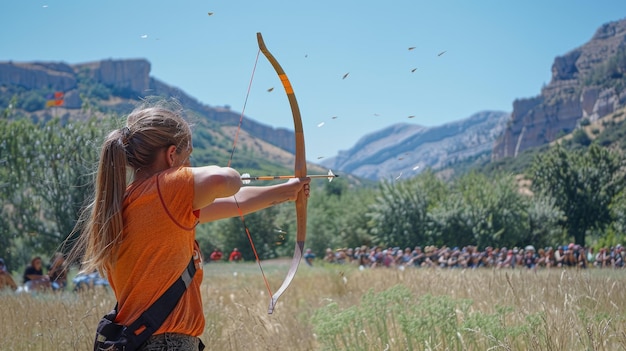 Picture of an archer middraw during a competition at an outdoor range with a concentrated archer target in the distance and arrow in flight