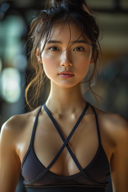 Picture of an asian fit girl in a gym confident face yoga outfit low body fat slight muscler