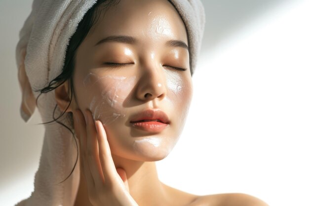 The picture of the asian woman using the face treatment for a moisture aigx