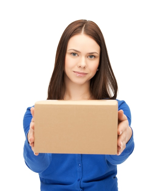 picture of attractive businesswoman delivering box..