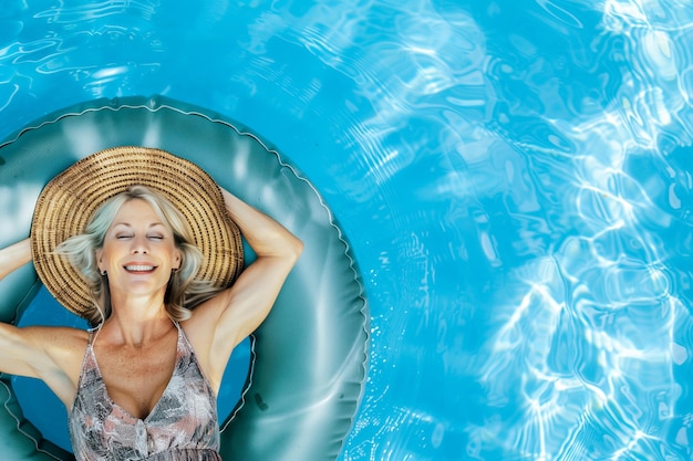 Picture of attractive happy mature woman on tube in pool