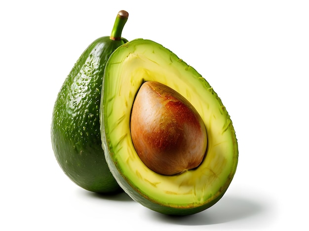 Picture of avocado cut in half on white background