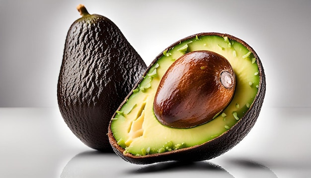 Picture of an avocado cut in half on a white background