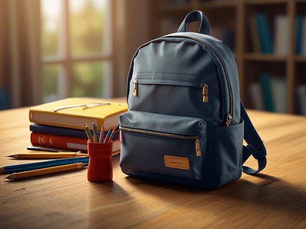 picture for back to school with backpack sits on a wooden table