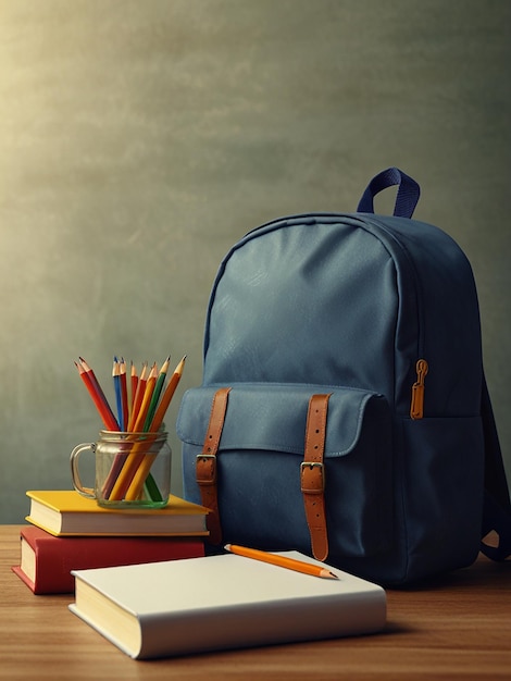 picture for back to school with backpack sits on a wooden table