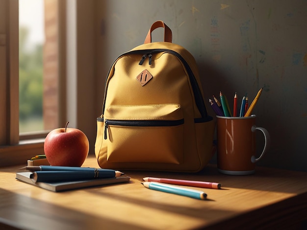 picture for back to school with backpack sits on a wooden table