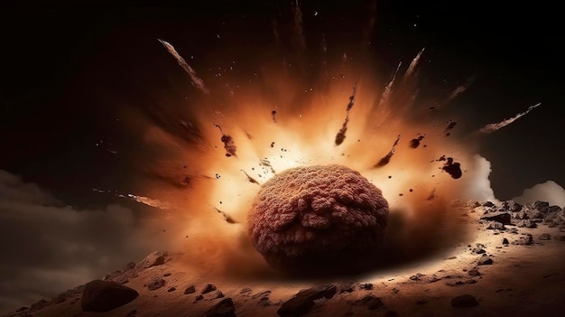 A picture of a ball of meatballs and a rock with a dark background.