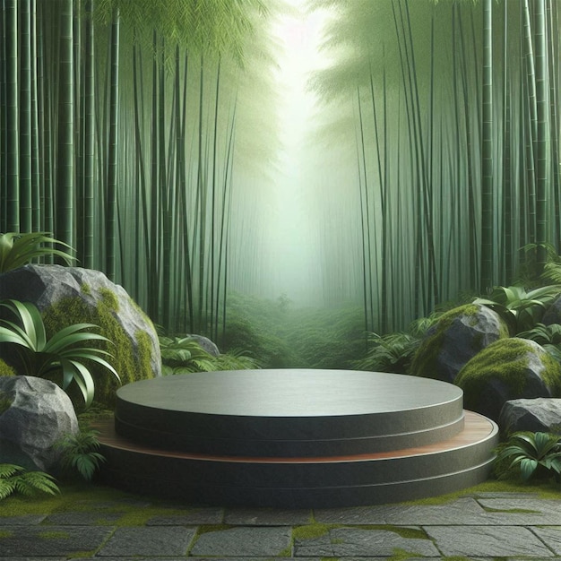 a picture of bamboo forest with a round platform and a round object in the middle