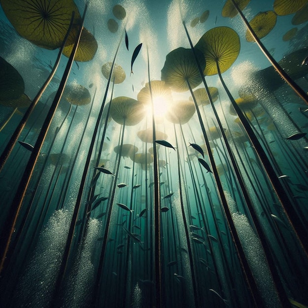 a picture of bamboo with the sun shining through the water