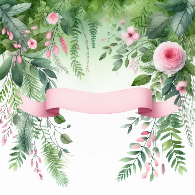 a picture of a banner with pink flowers and green leaves