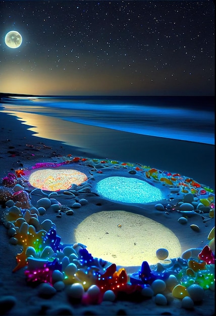 Picture of a beach at night with a full moon in the sky generative ai