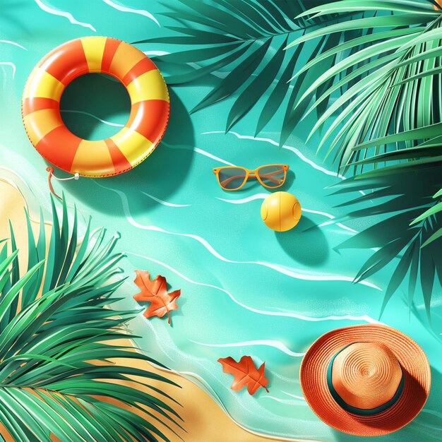 a picture of a beach scene with a hat and sunglasses on it