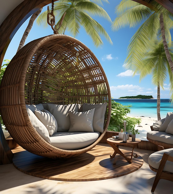 A picture of a beach scene with palm trees and a beach house