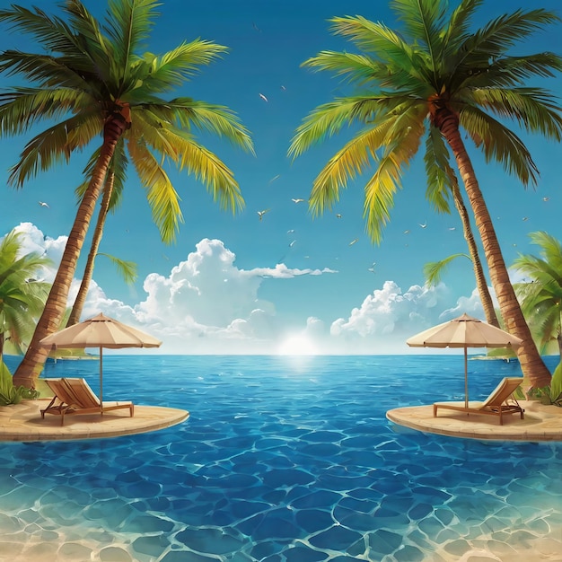 a picture of a beach scene with palm trees and a sun in the background AI Generated