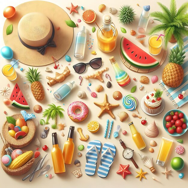 Photo a picture of a beach scene with a variety of food and a straw hat