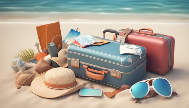 a picture of a beach with a blue suitcase and sunglasses