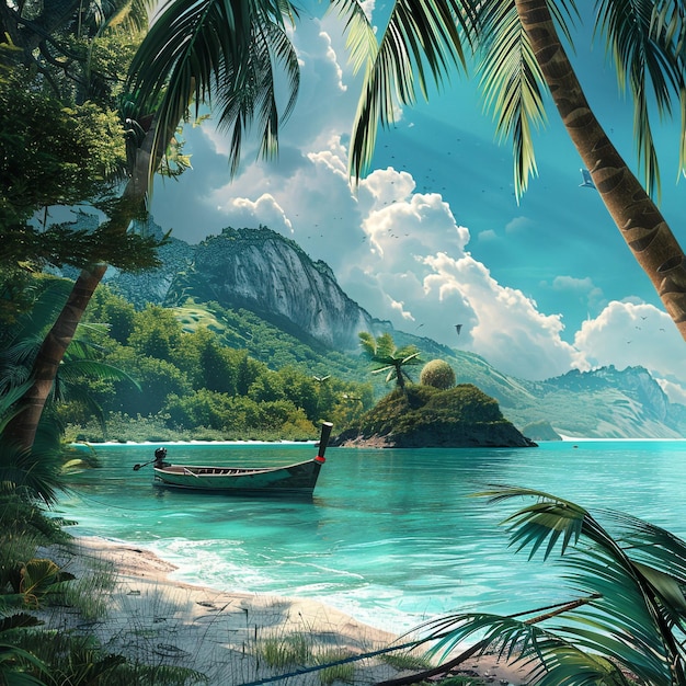 A picture of beach with boat and palm tree illustration background