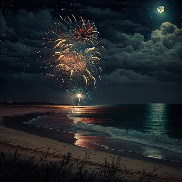 A picture of a beach with fireworks in the sky