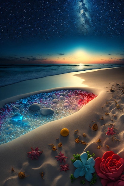 Picture of a beach with flowers in the sand generative ai