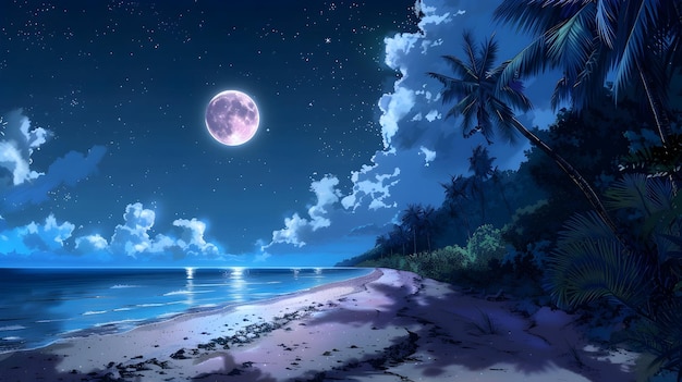 a picture of a beach with a moon and a beach scene