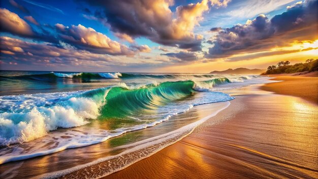 a picture of a beach with the ocean and the sky in the background