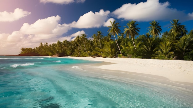 a picture of a beach with palm trees and a blue water