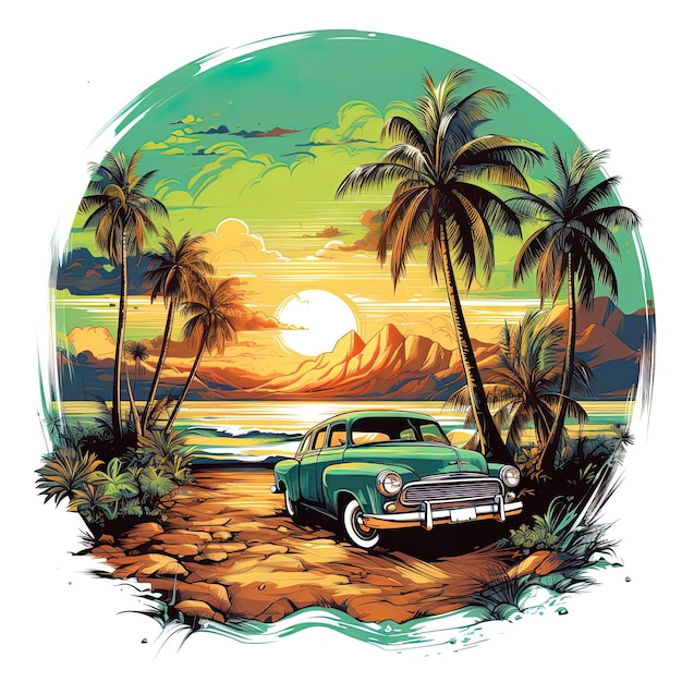 Photo a picture of a beach with palm trees and a car with the sun setting behind it