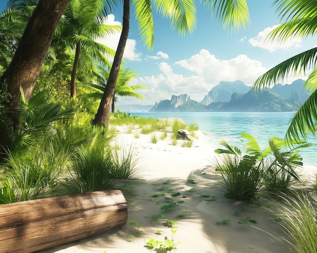 a picture of a beach with palm trees and a log in the foreground